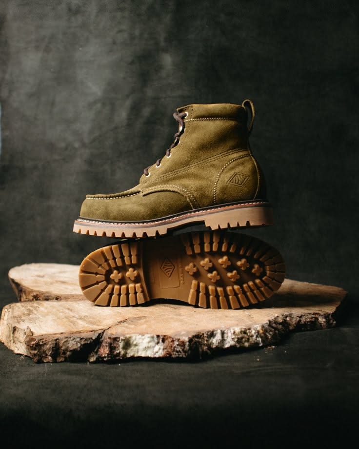 Streetwear Olive Green Lug Sole Boots — Moc Toe Stitching, Chunky Lug