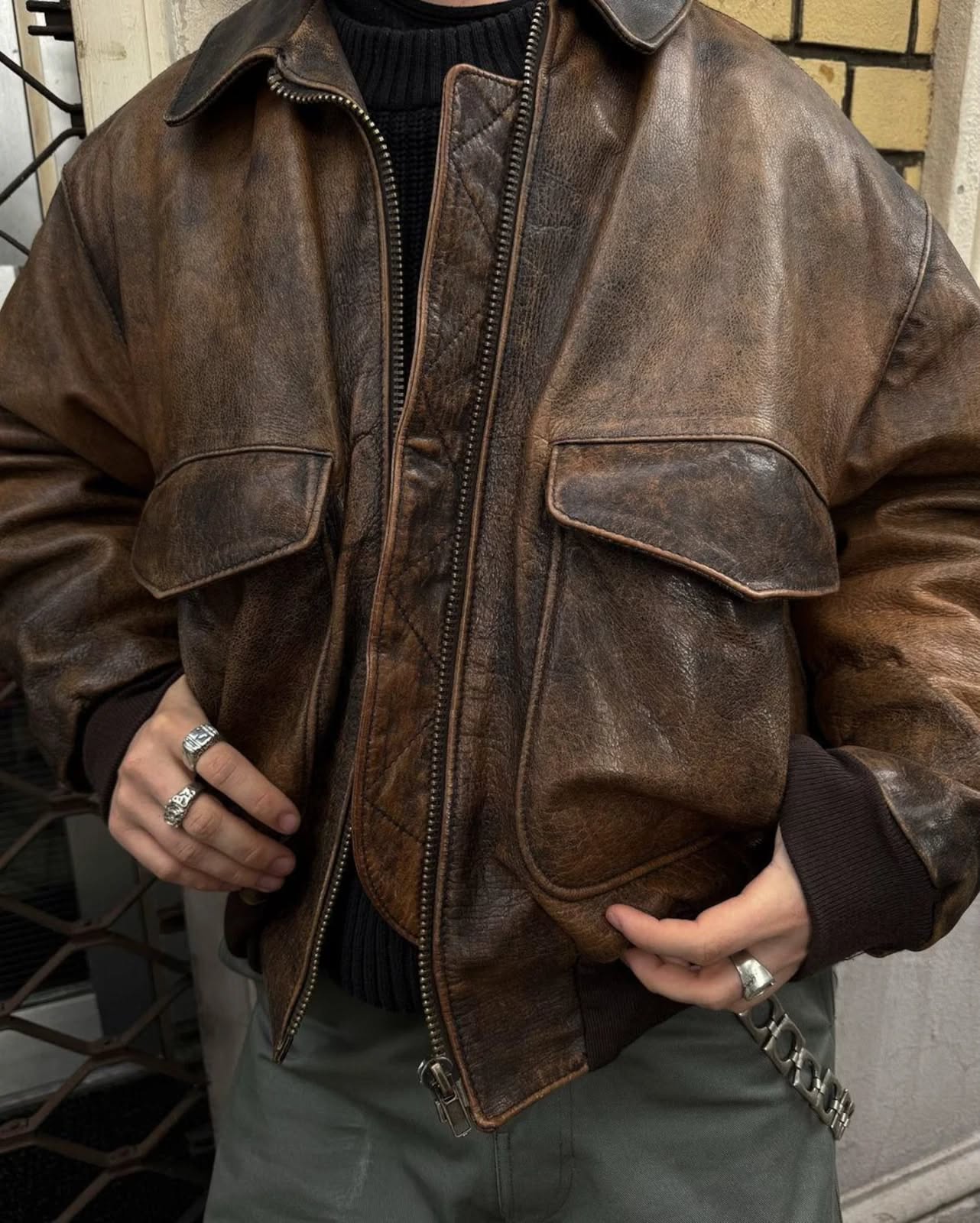 Vintage Distressed Brown Bomber Jacket — Ribbed Cuffs and Hem