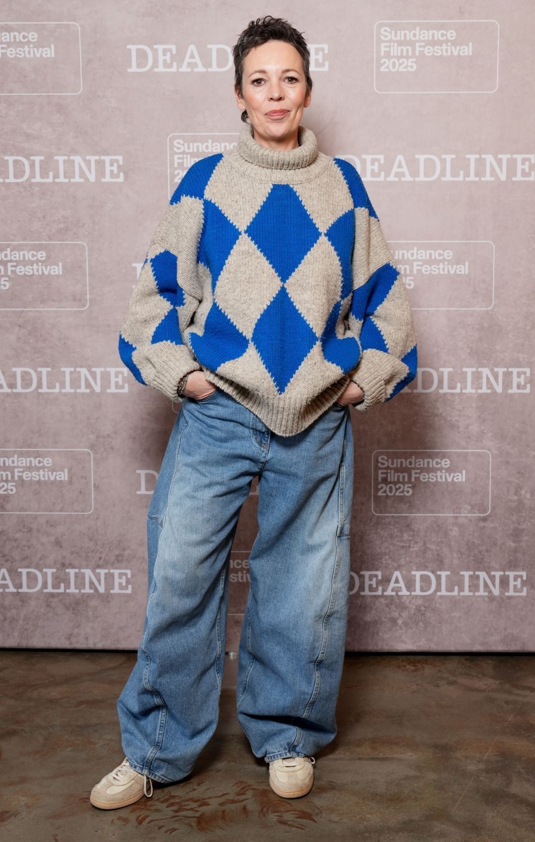 Olivia Colman Blue and Oatmeal Turtleneck Sweater — Turtleneck