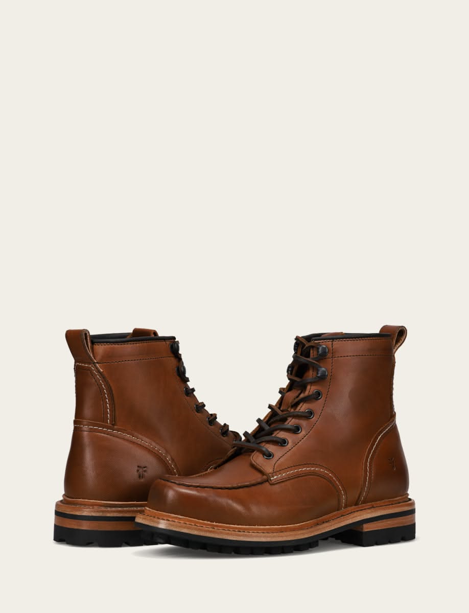 FRYE Caramel Brown Lug Boots — Lace-up, Moc Toe, Lug Sole, Contrast