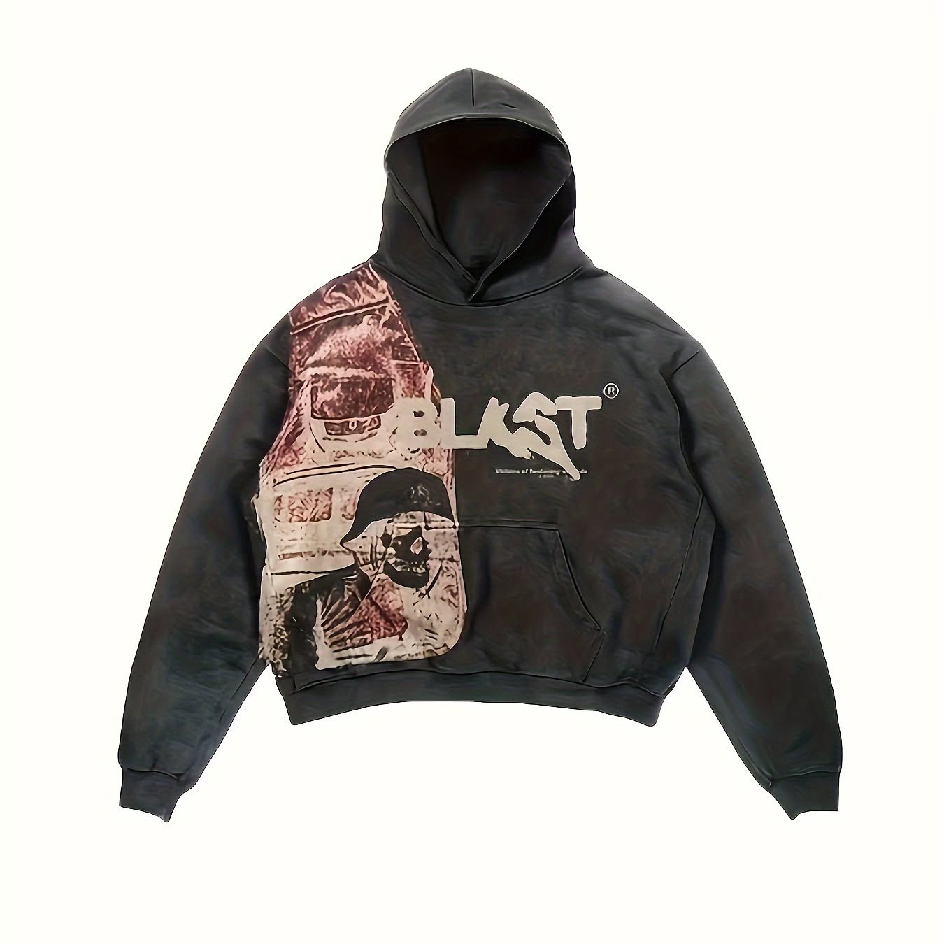 streetwear charcoal gray hoodie — drawstring hood, kangaroo pocket, distressed wash, large graphic print on left side, ribbed cuffs and hem
