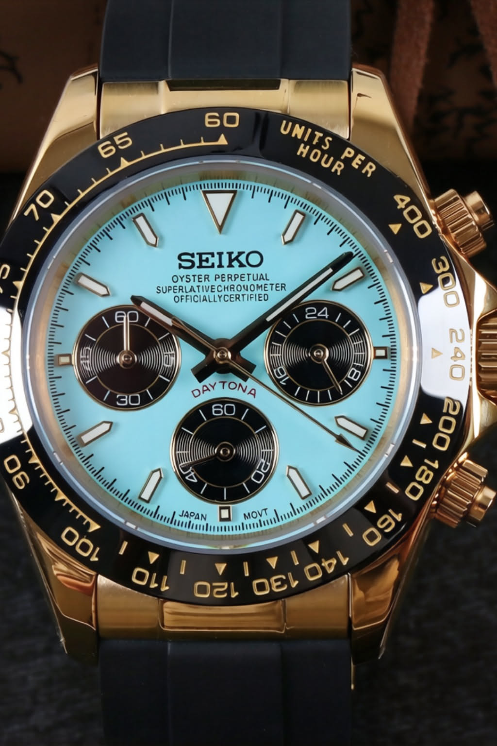 SEIKO Gold, Black, Turquoise Chronograph Watch — Turquoise Dial