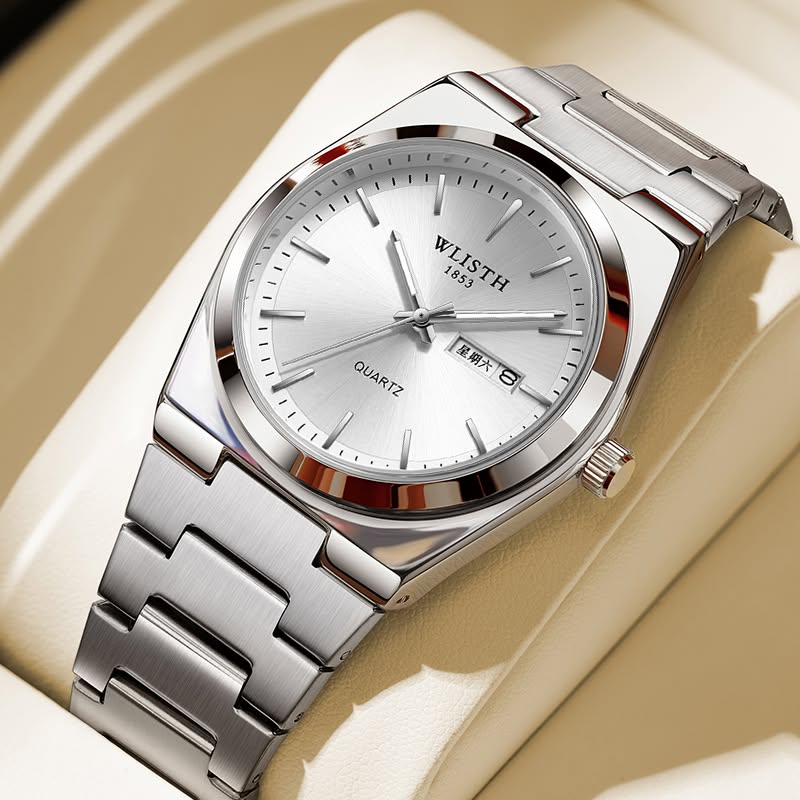 WLISTH Silver Metallic Watch — Round Dial, Stick Hour Markers, Date