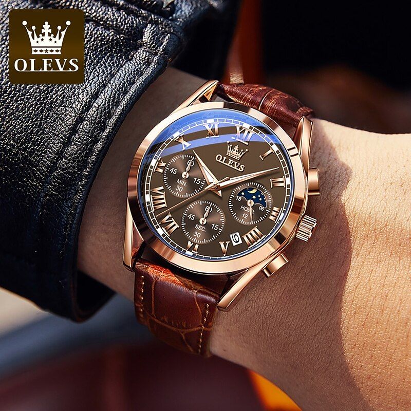 OLEVS Rose Gold, Brown Wristwatch — Chronograph, Moon Phase Display