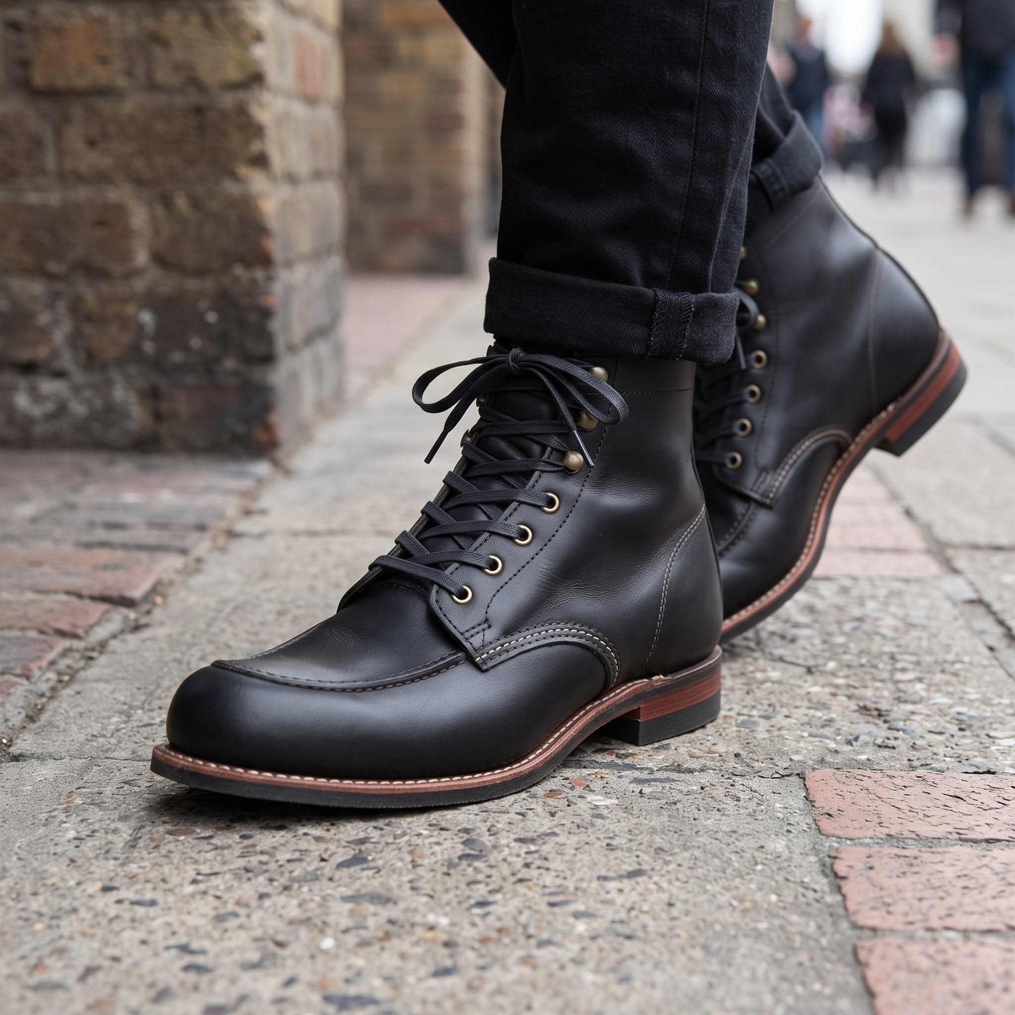 Casual Black Leather with Brown Welt Moc-toe Leather Boots — Moc-toe