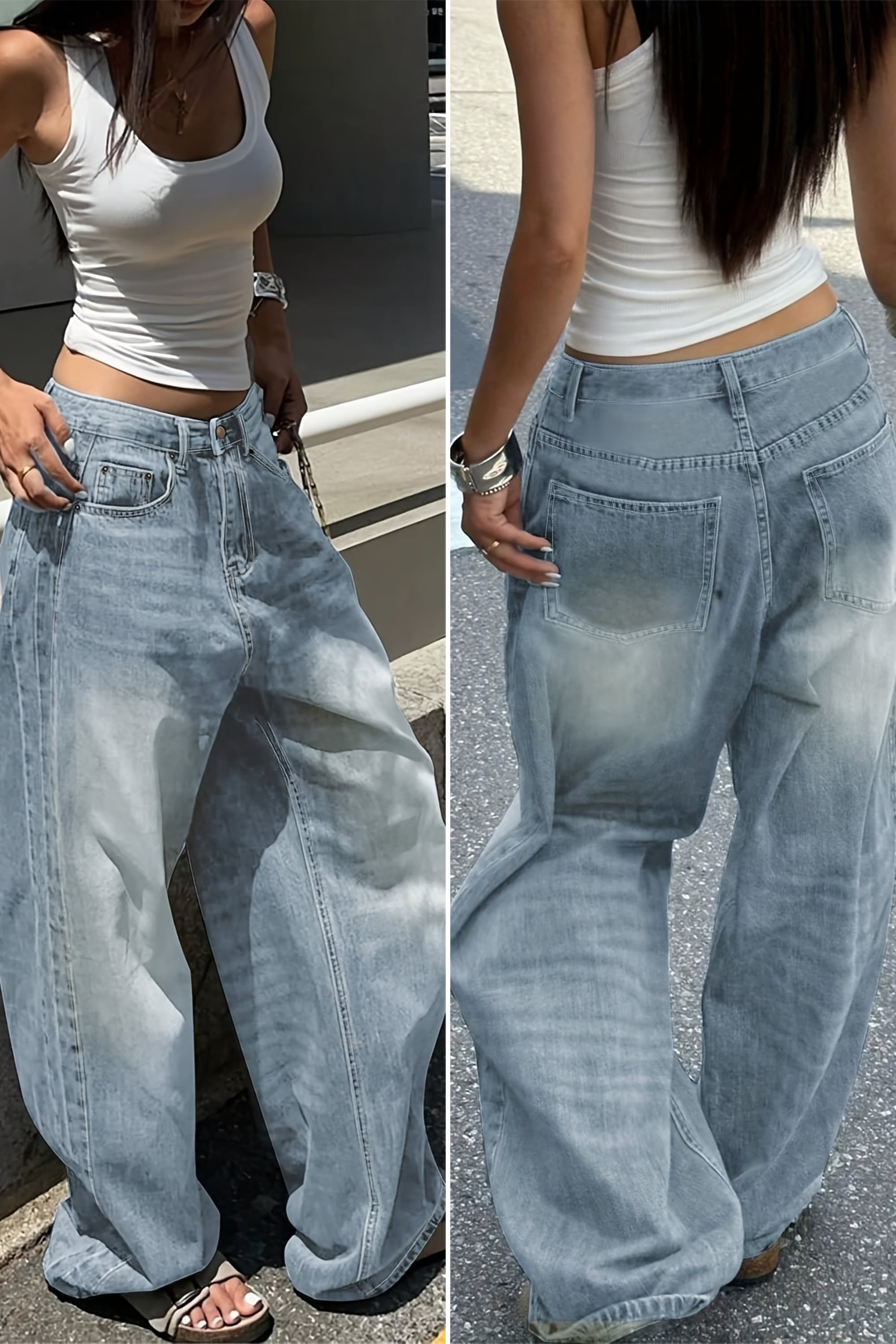 casual light blue stone wash jeans — high waist, distressed wash, full length, classic five-pocket design