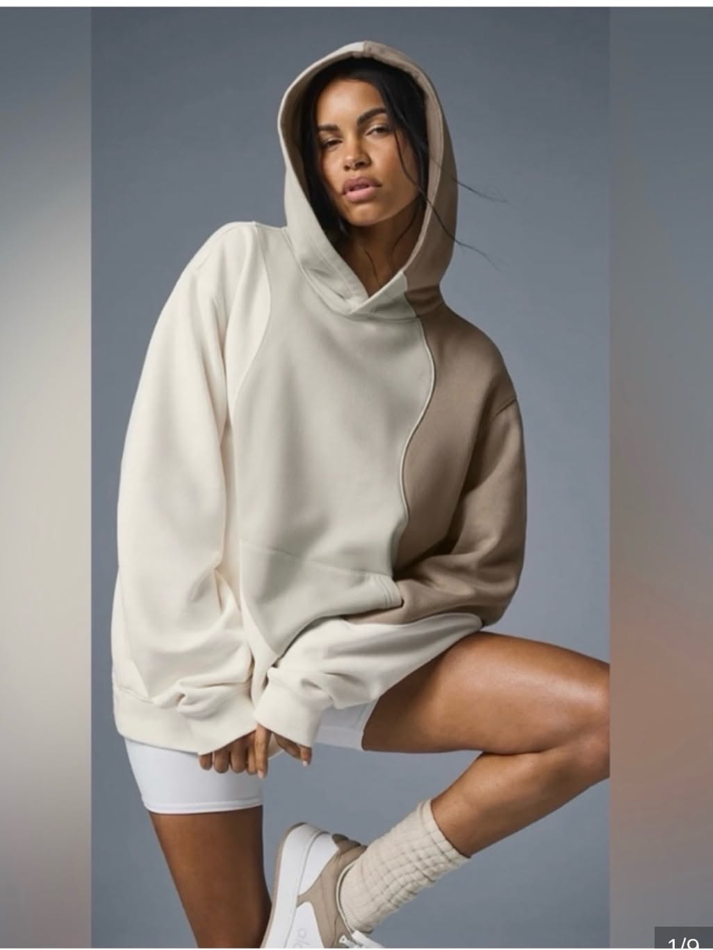Alo Yoga Cream and Tan Hoodie — Curved Colorblock Panels in Cream