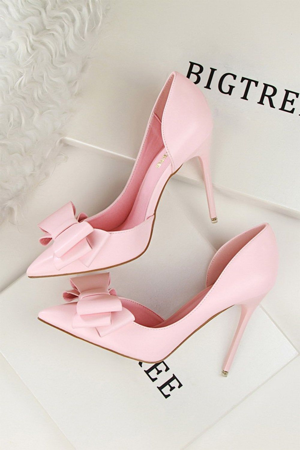 BIGTREE baby pink high heels — bow detail, d'Orsay cut, stiletto heel