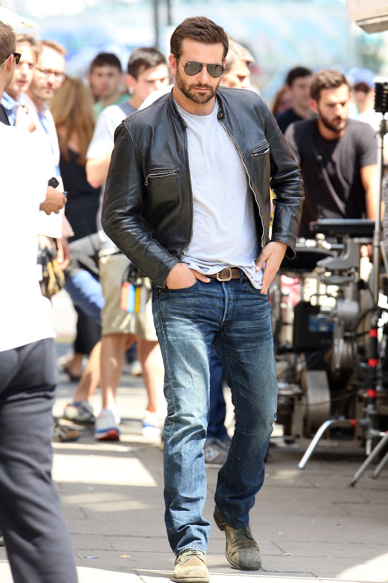 Bradley Cooper Black Leather Jacket — Zip Pockets, Mandarin Collar