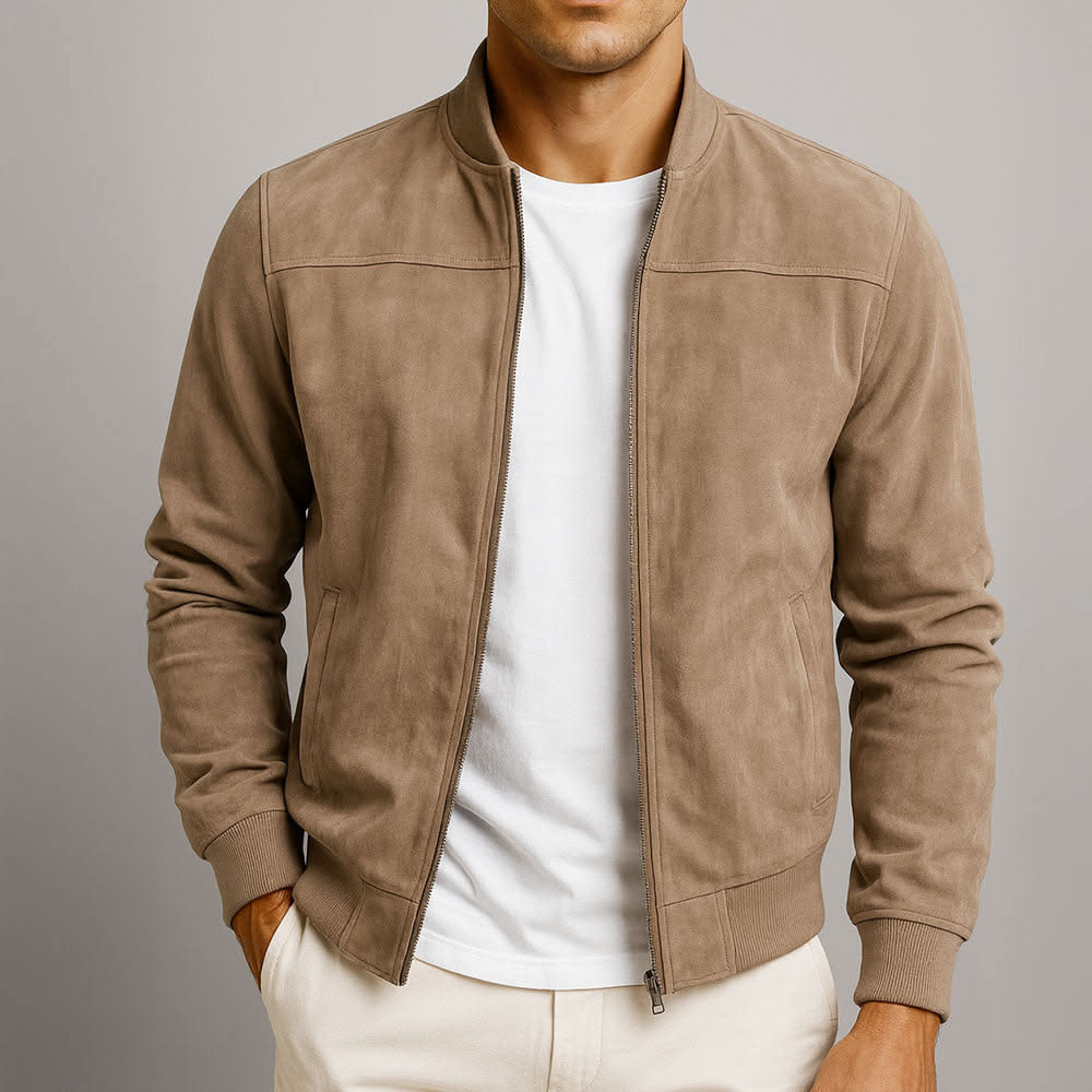 Casual Brown Bomber Jacket — Stand Collar, Full Zip Closure, Ribbed
