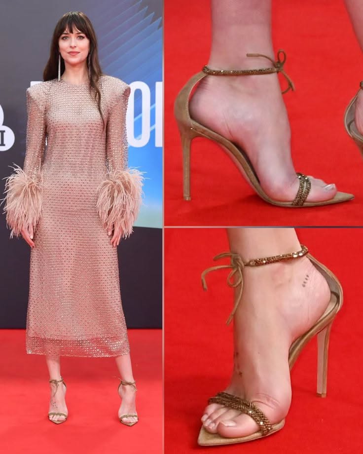 Dakota Johnson Bronze Gold Sandals — Crystal-embellished Thin Straps