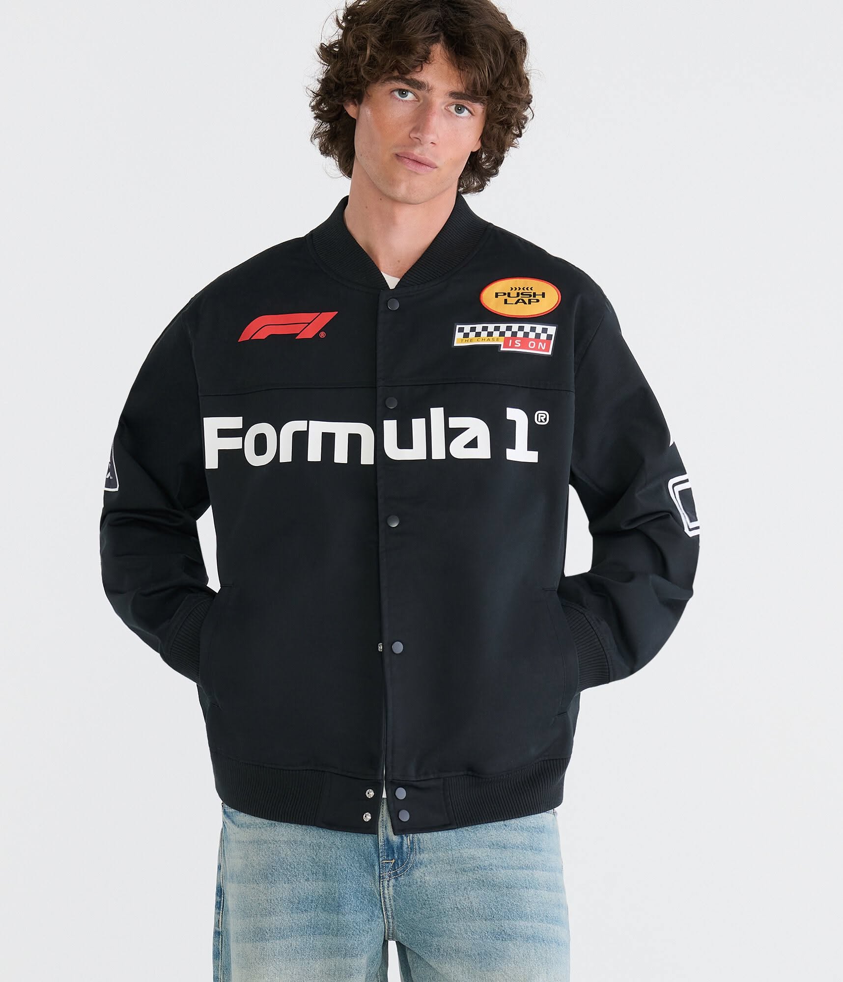 Formula 1 Black Bomber Jacket — Formula 1 Logo Print, F1 Logo Patch