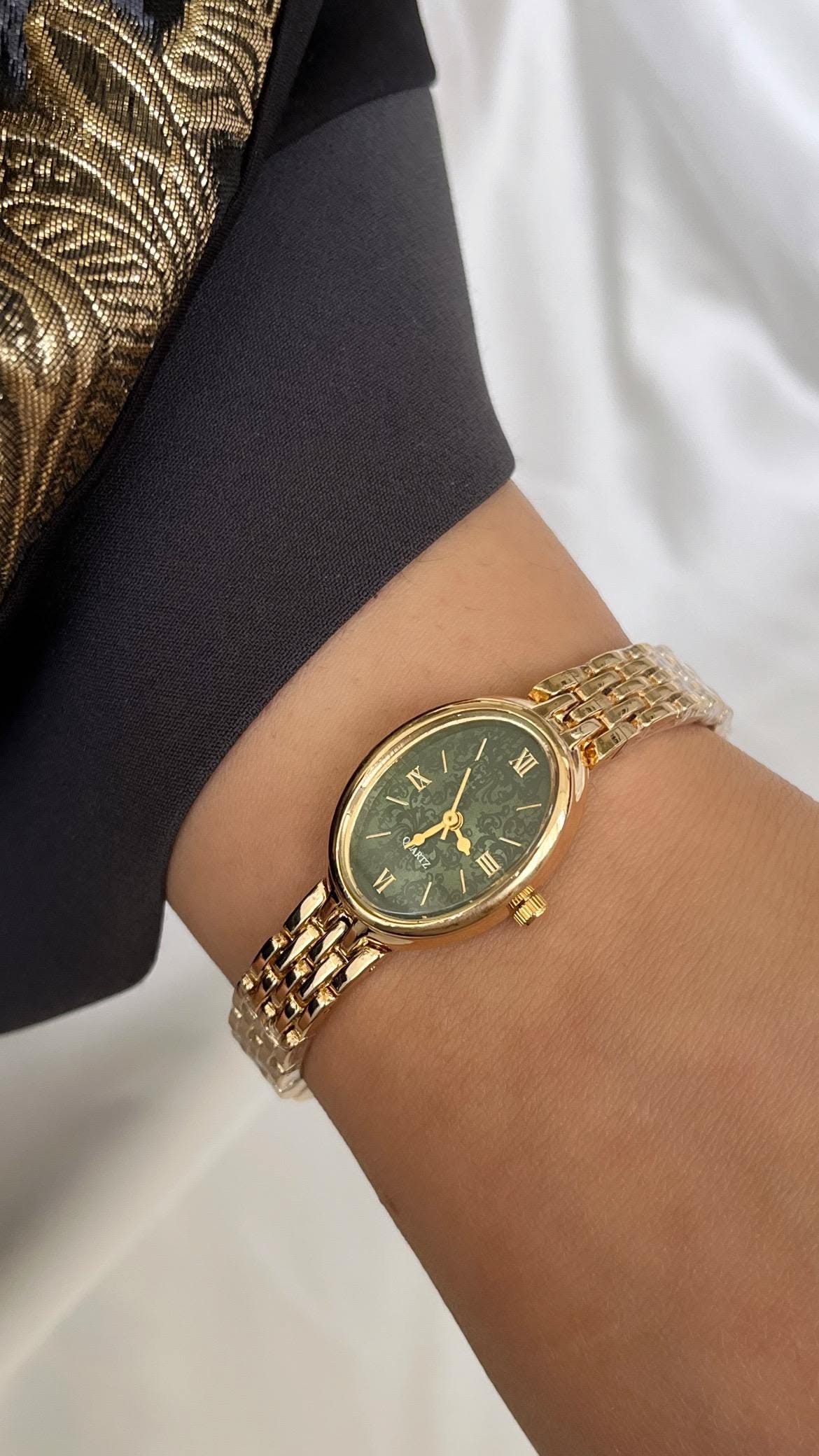 Vintage Gold and Green Watch — Oval Case, Emerald Green Patterned