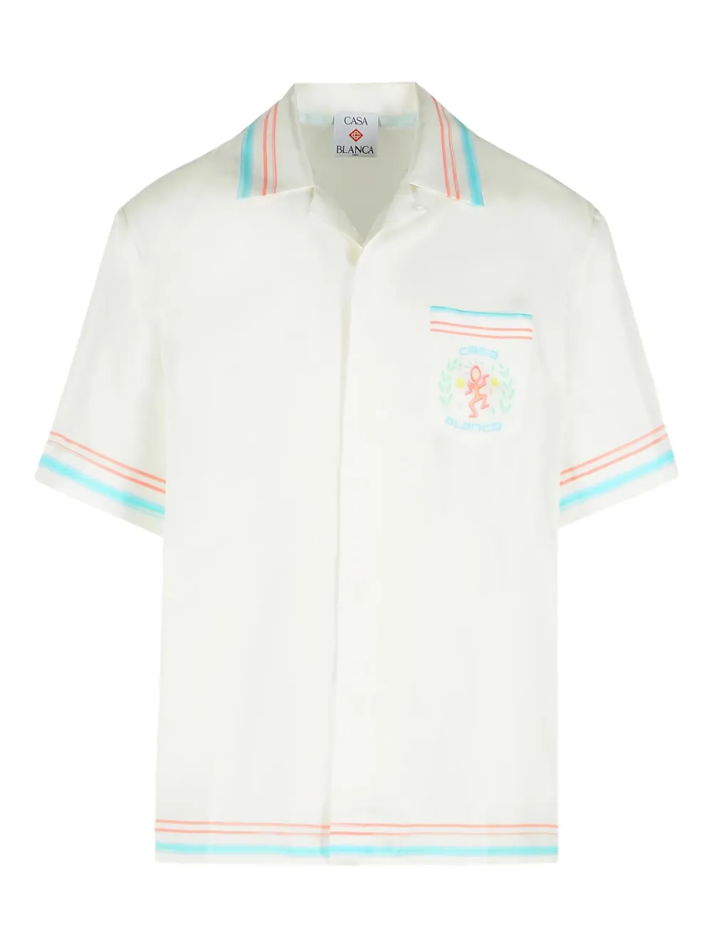 Casablanca Casablanca Cuban collar, full button front, short sleeves, embroidered logo graphic on chest pocket featuring a figure with a halo and laurel wreath with 'CASA BLANCA' text, light blue and coral orange striped trim on collar, sleeve cuffs, and hem, chest patch pocket solid with embroidered graphic and striped trim silk cream white relaxed luxury resort wear short sleeve shirt