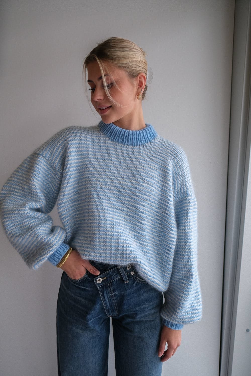 Minimalist Baby Blue and White Sweater — Ribbed Mock Neck Collar