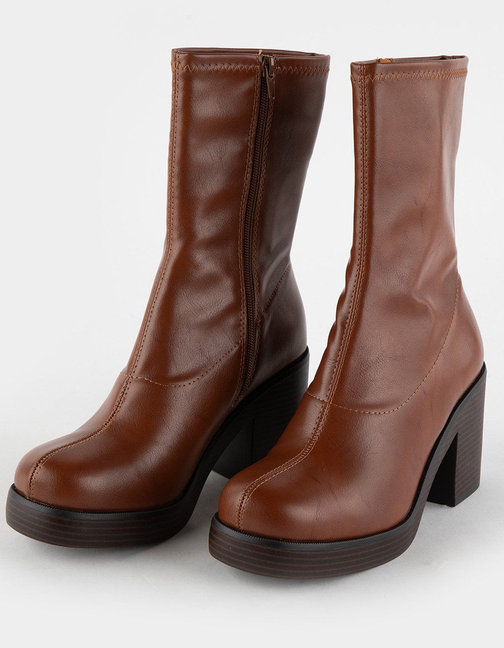 SODA Cognac Brown Boots — Platform Sole, Chunky Block Heel, Side