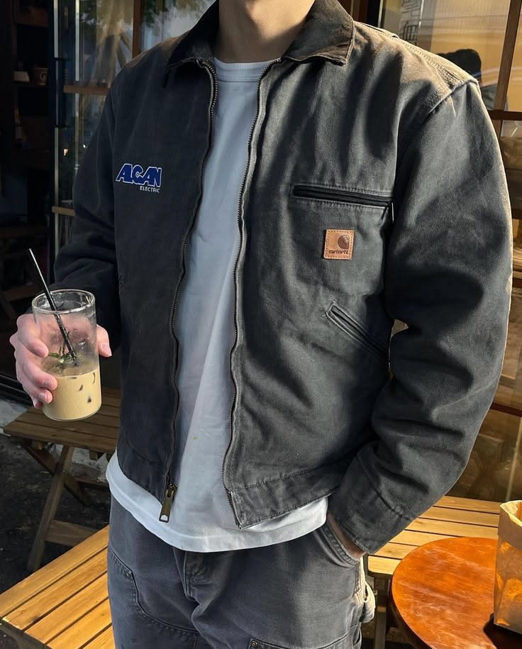 Carhartt Charcoal Grey Work Jacket — Full Zip Closure, Spread Collar