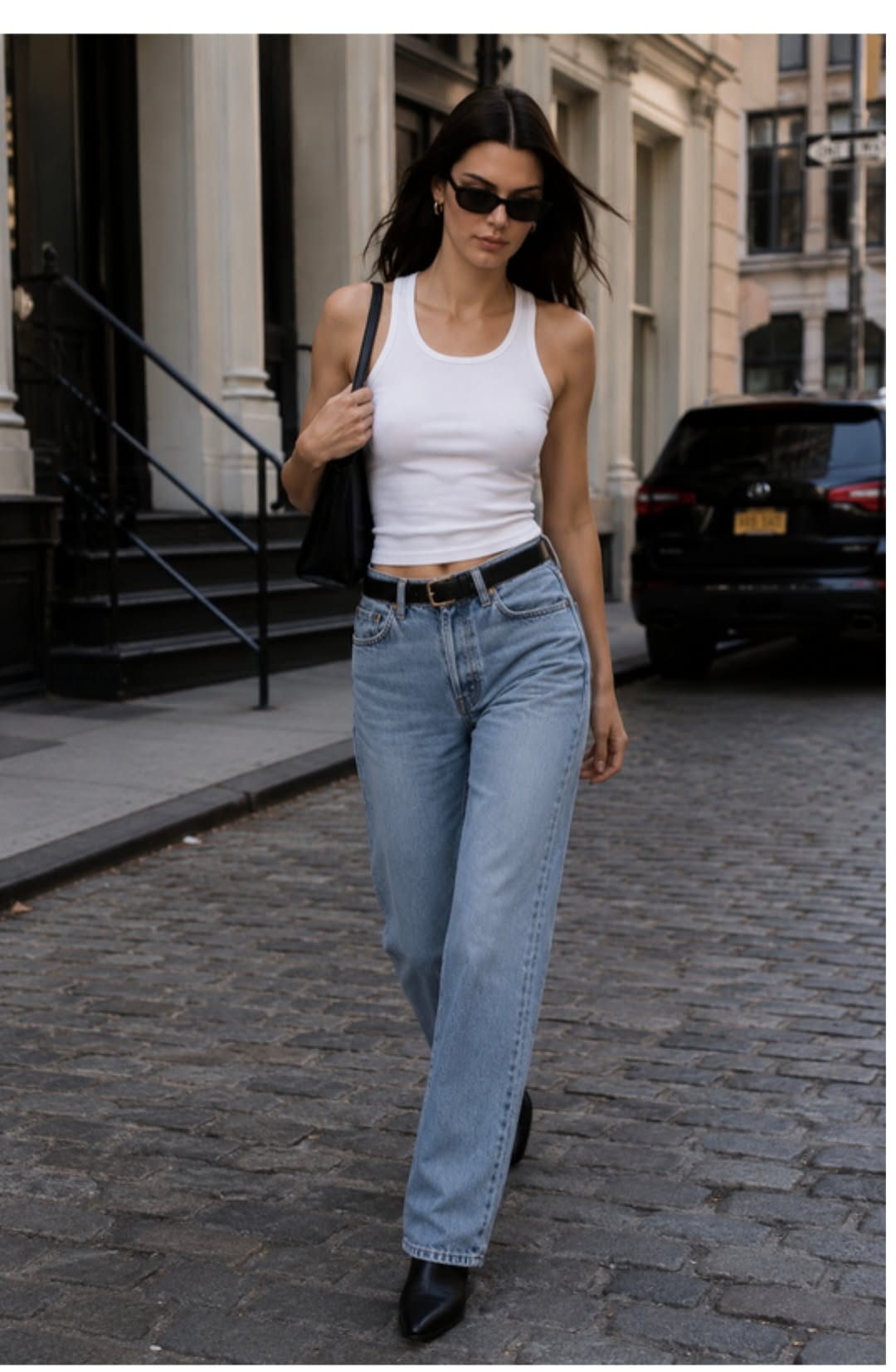 Kendall Jenner White and Light Blue Tank Top and Jeans — Crew Neck