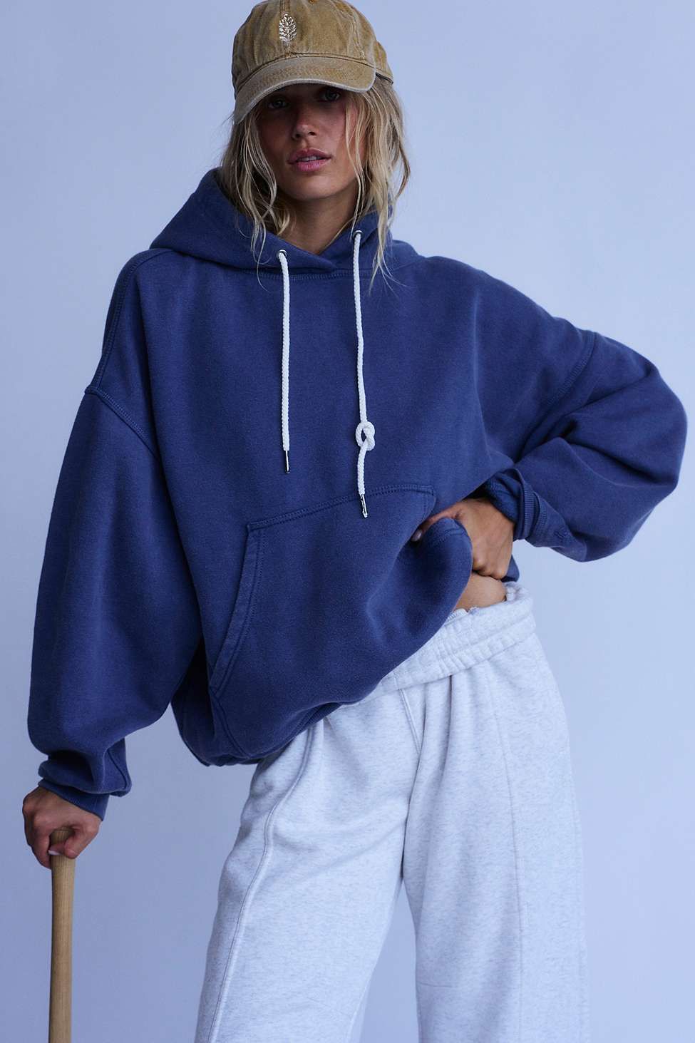 FP Movement Faded Navy Blue Hoodie — Drawstring Hood with White
