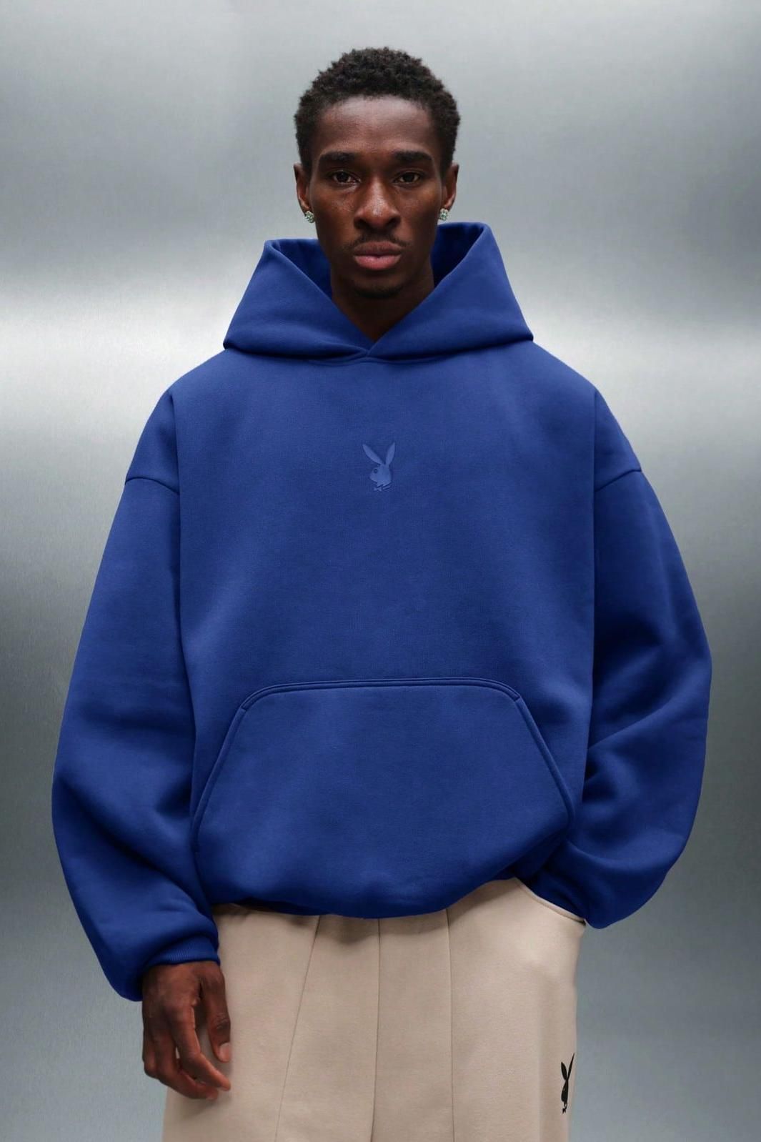 Playboy Royal Blue Hoodie — Embroidered Playboy Bunny Logo, Kangaroo