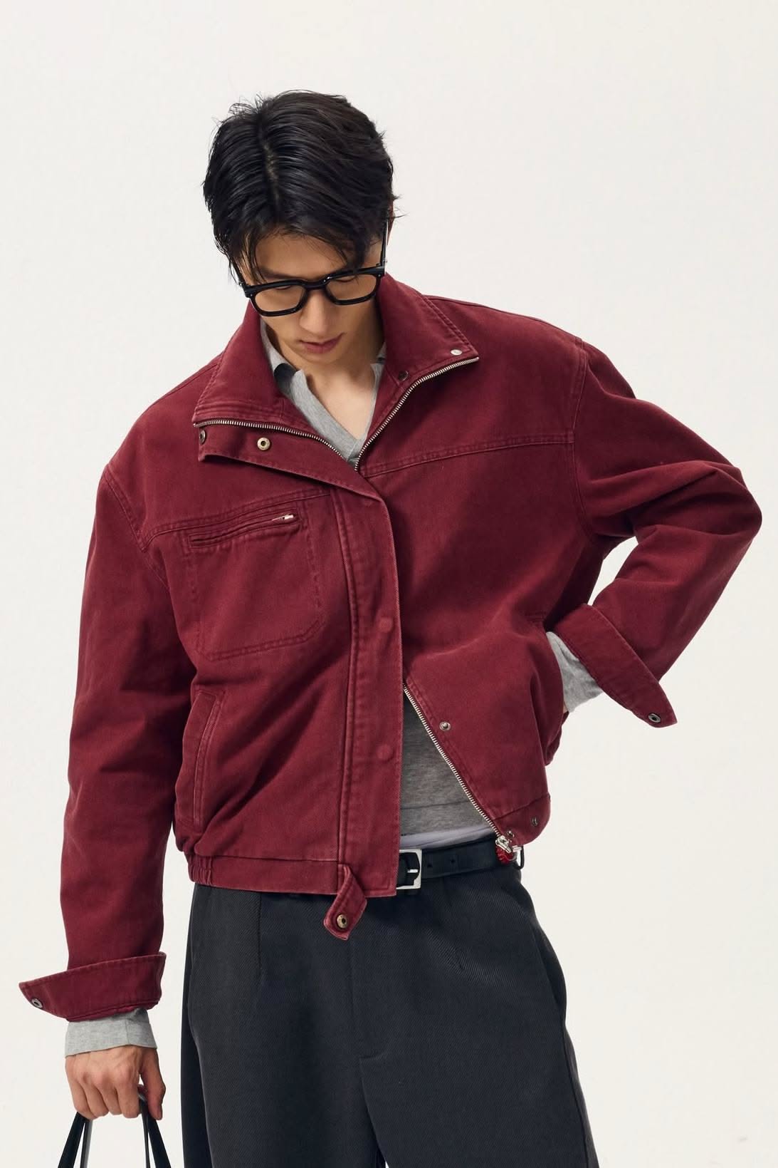 Casual Dark Red Bomber Jacket — High Stand Collar, Full Zip Closure