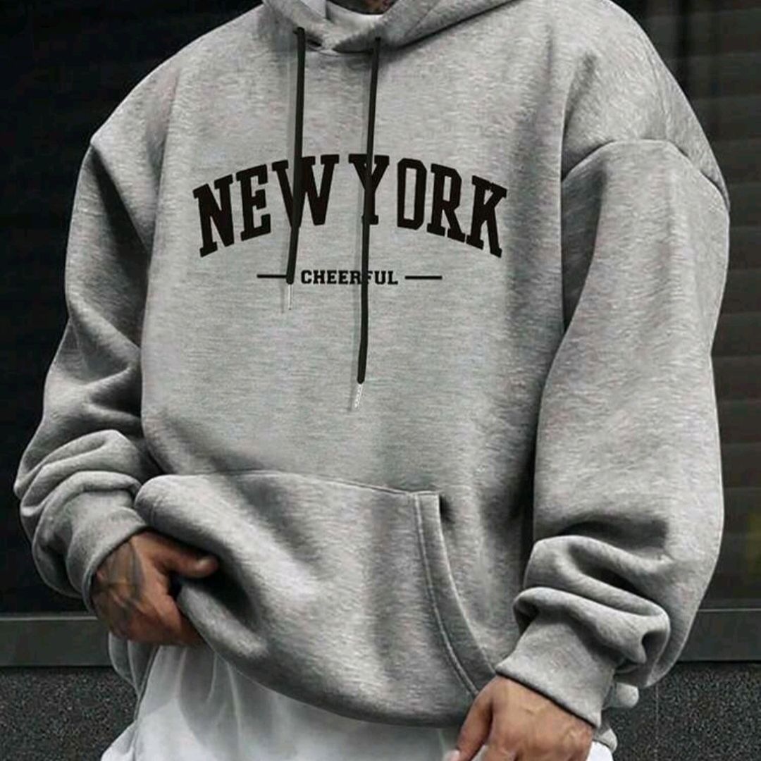 Streetwear Light Grey Heather Hoodie — New York Cheerful Text Print