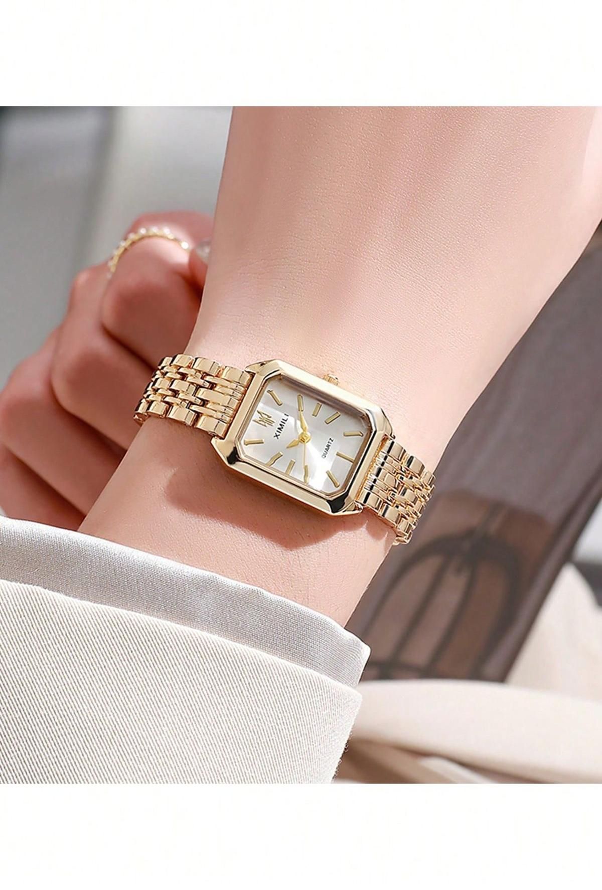 XIMILI Gold Quartz Watch — Rectangular Case, Multi-link Bracelet