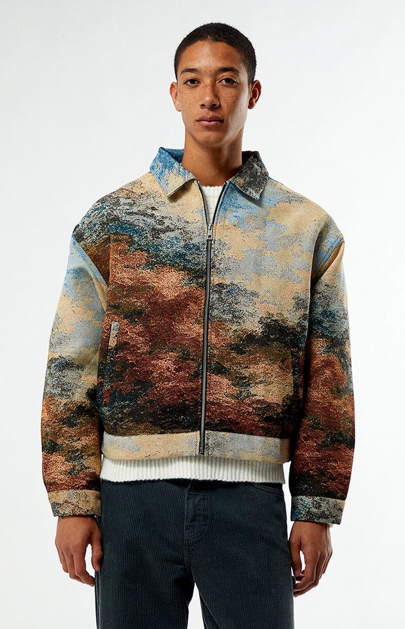 Pacsun multi-color (brown, blue, beige) bomber jacket — full zip closure, spread collar, ribbed hem, ribbed cuffs, side welt pockets