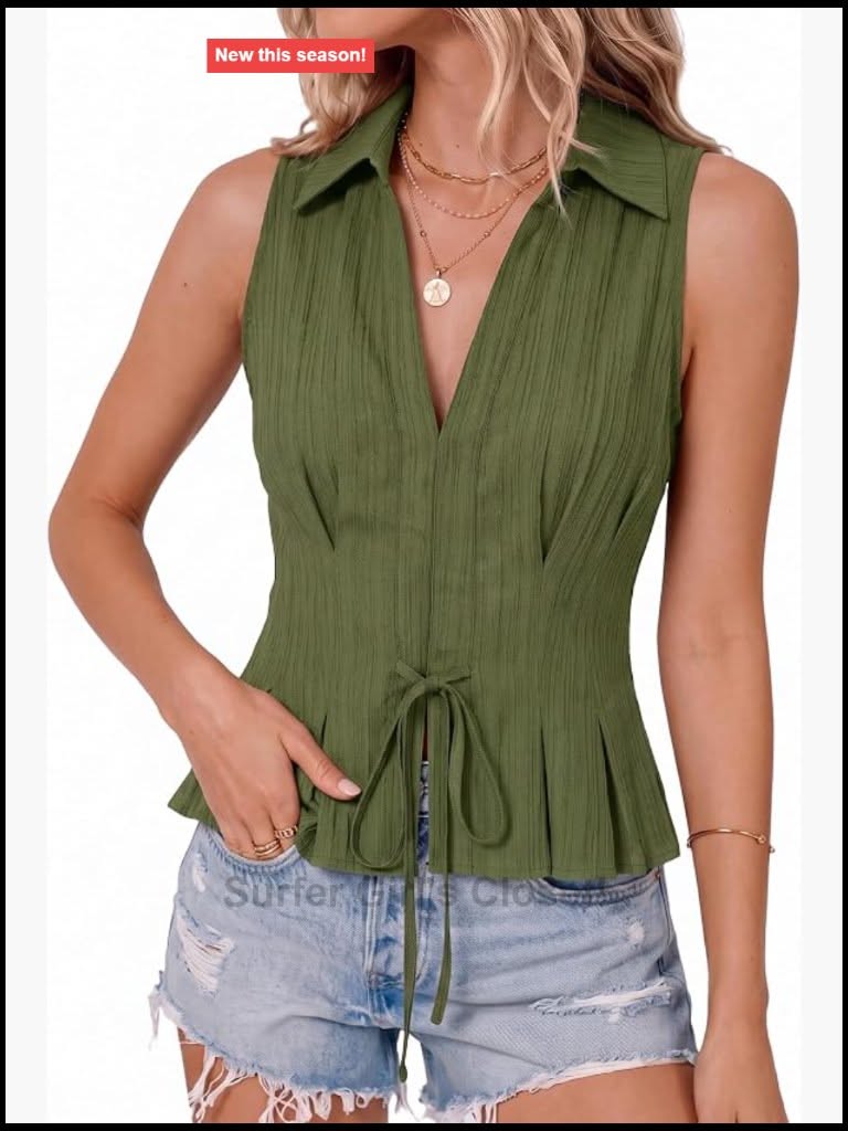 Casual Olive Green Tank Top — Sleeveless, Lapel Collar, V-neck