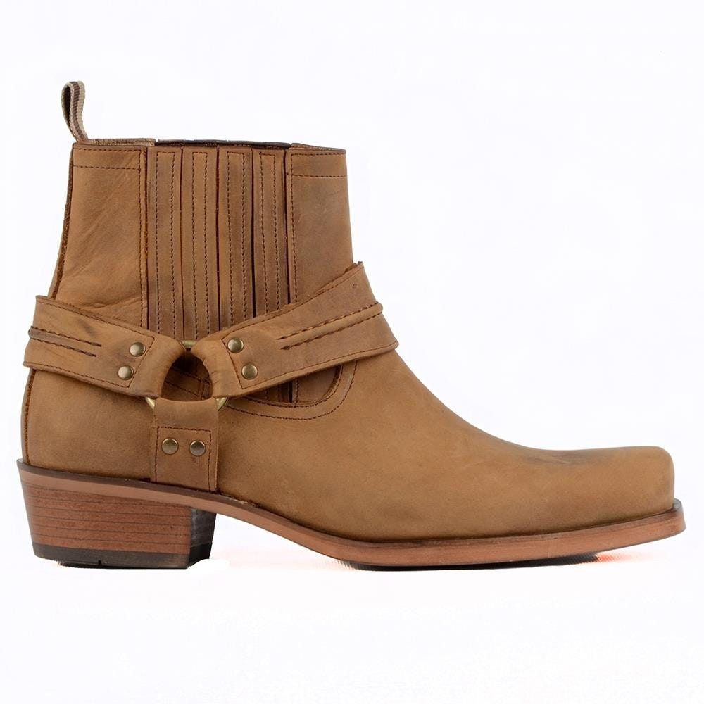 Biker, Western Tan Brown Ankle Boots — Harness Strap with Metal Ring