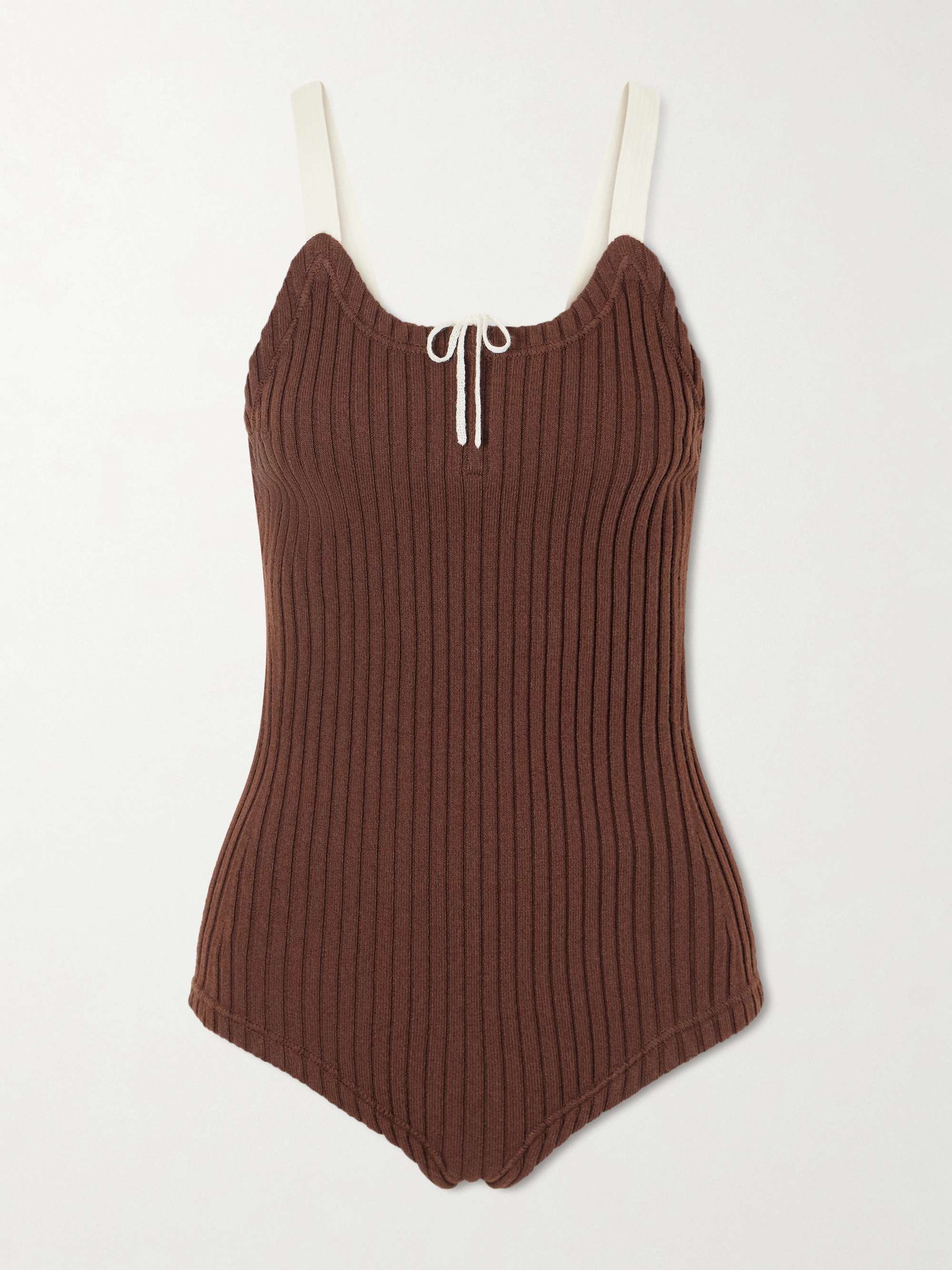 TORY BURCH Color-block ribbed-knit wool and cotton-blend bodysuit