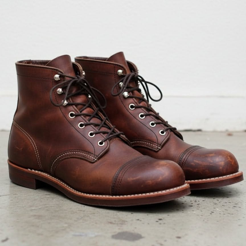 Red Wing Brown Leather Ankle Boots — Cap-toe, Lace-up, Metal Eyelets