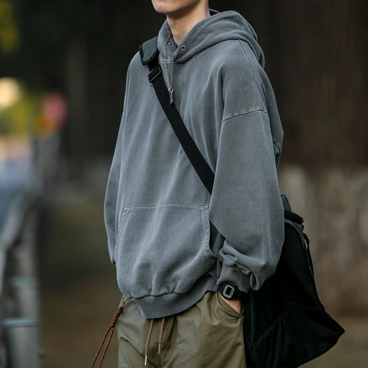 Streetwear Washed Charcoal Grey Hoodie — Front Pouch Pocket, Drop