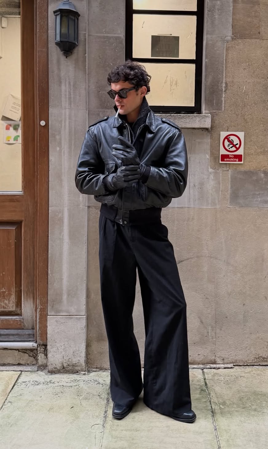 Vintage Black Leather Bomber Jacket — Epaulets, Pointed Collar, Front
