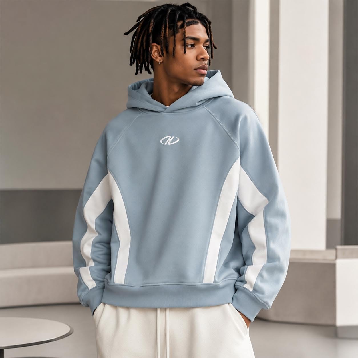 Streetwear Dusty Blue Hoodie — White Side Panel Stripes, Raglan
