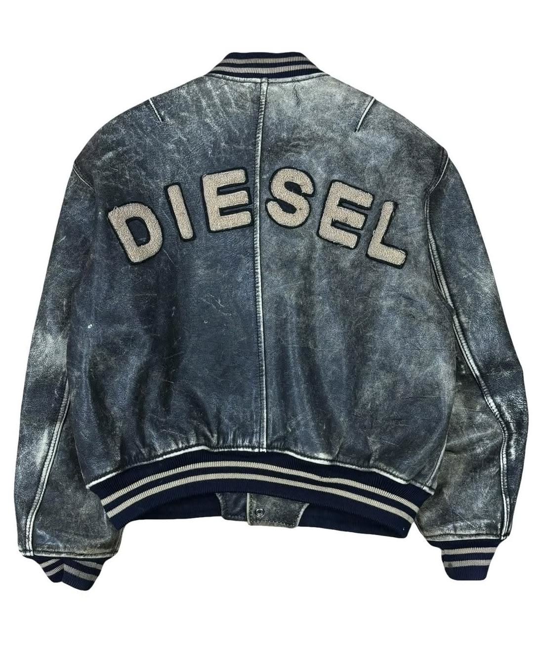 Diesel Distressed Dark Grey Leather Varsity Jacket — Distressed Wash