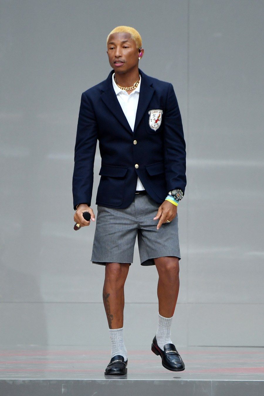 Pharrell Williams Navy Blue Blazer — Gold-tone Metal Buttons, Notched