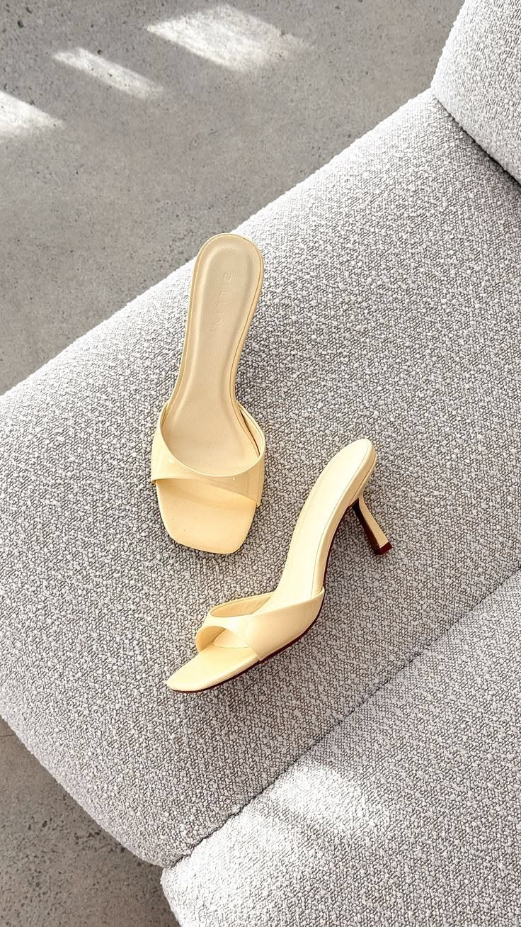 Billini Pale Yellow Mule Heels — Single Wide Strap, Square Toe