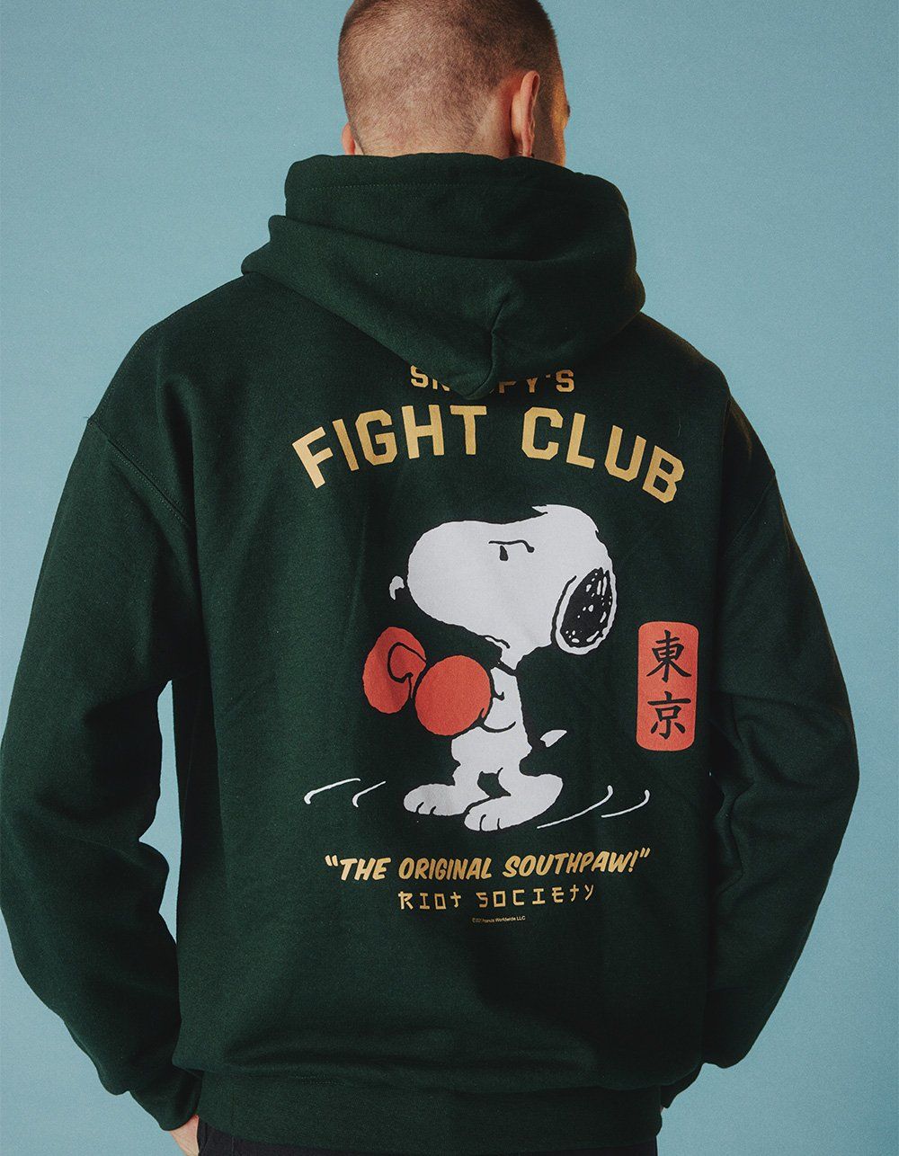 Riot Society Dark Green Hoodie — Snoopy Fight Club Graphic on Back
