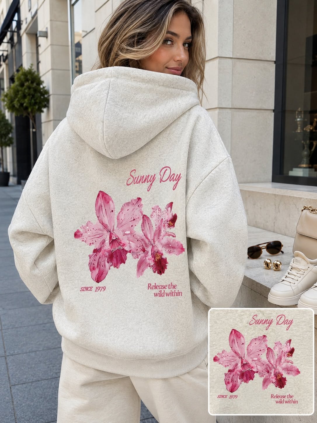 Casual Light Heather Grey Hoodie — Pink Floral Graphic, Sunny Day