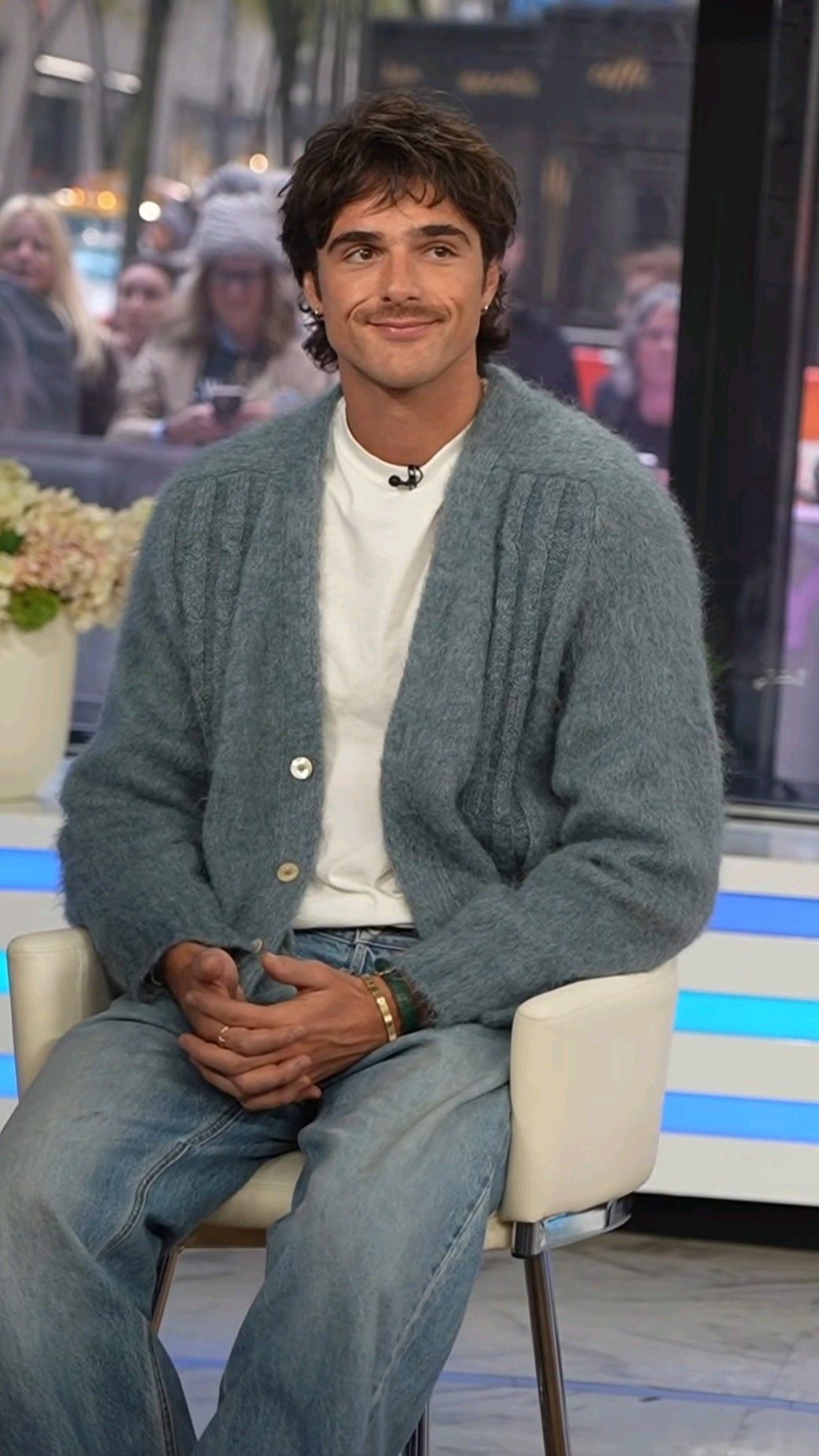 Jacob Elordi Dusty Blue Cardigan — V-neck, Button-front Closure