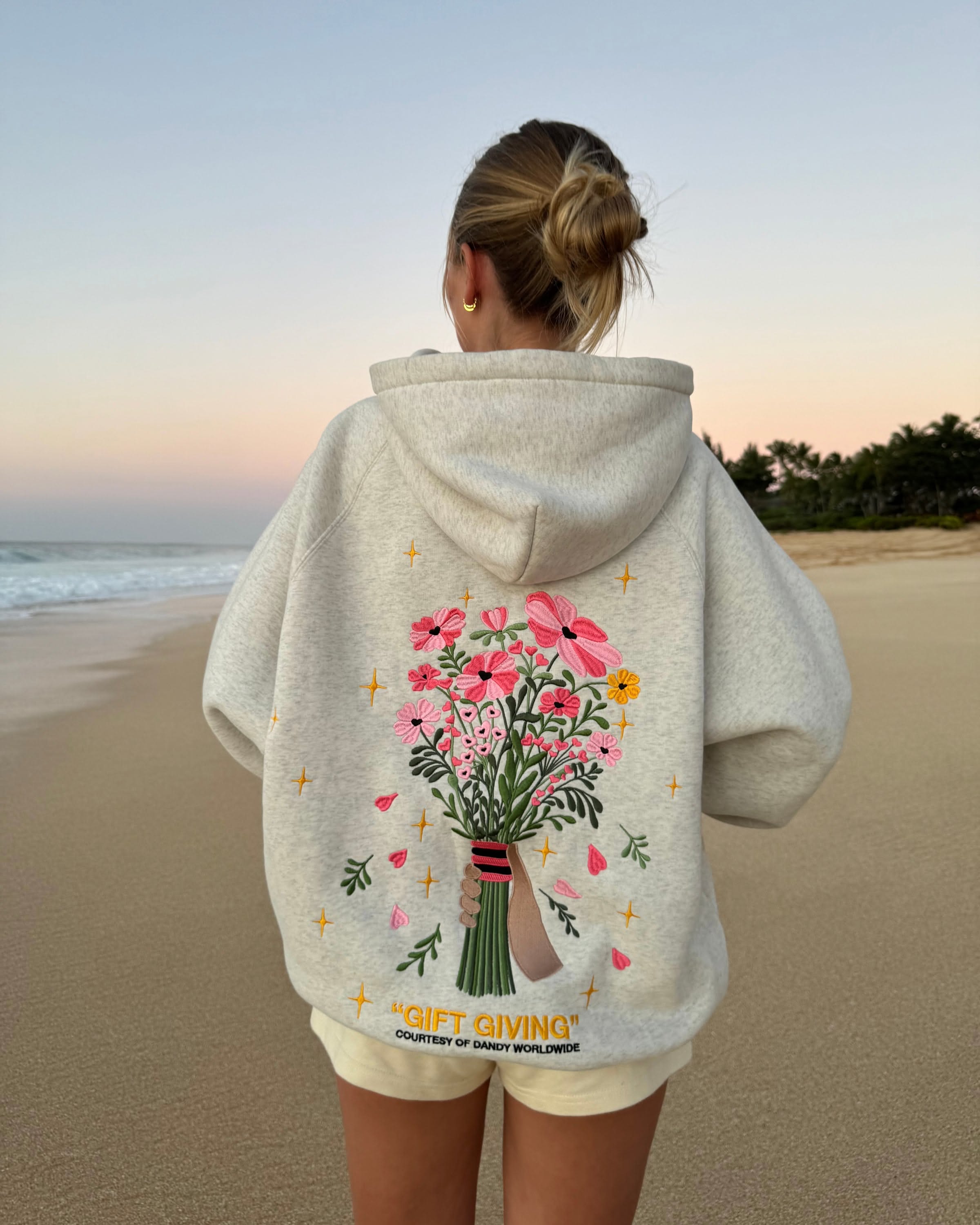 Dandy Worldwide Heather Gray Hoodie — Large Embroidered Floral