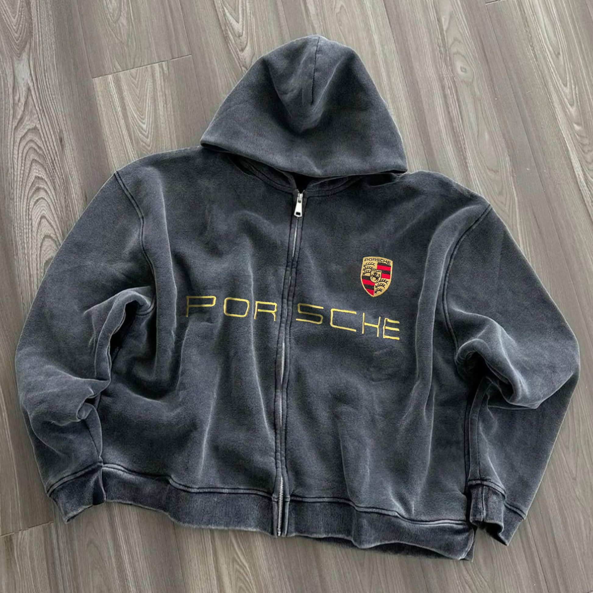 Porsche Faded Charcoal Black Zip-up Hoodie — Vintage Wash, Full Zip