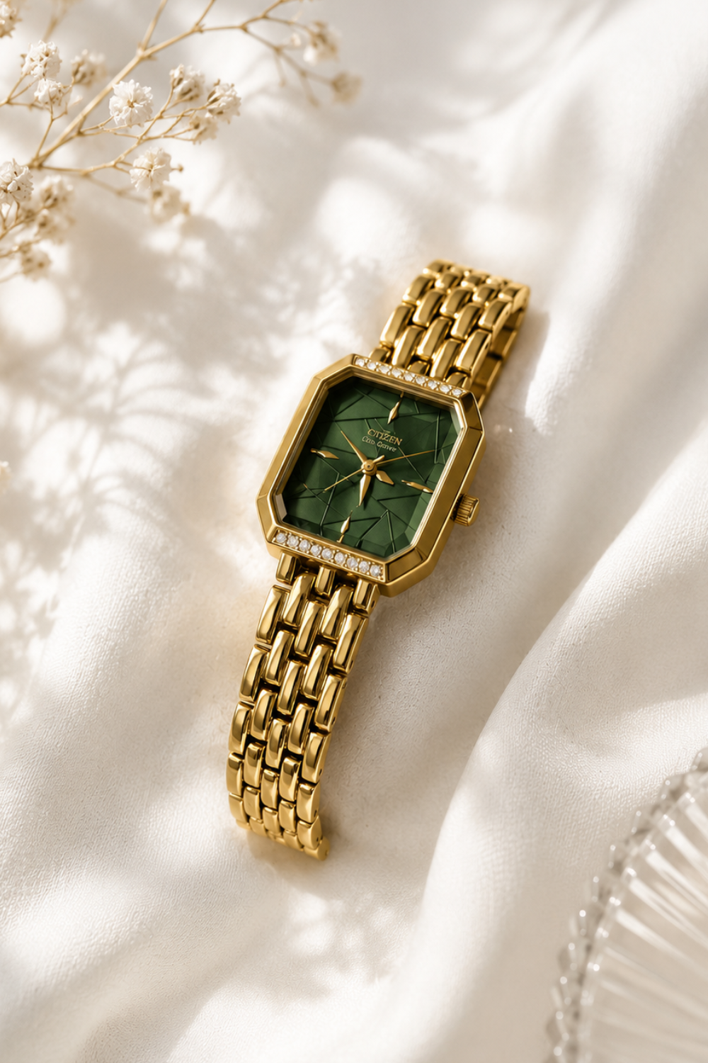 Citizen Gold and Green Watch — Octagonal Gold-tone Case, Emerald