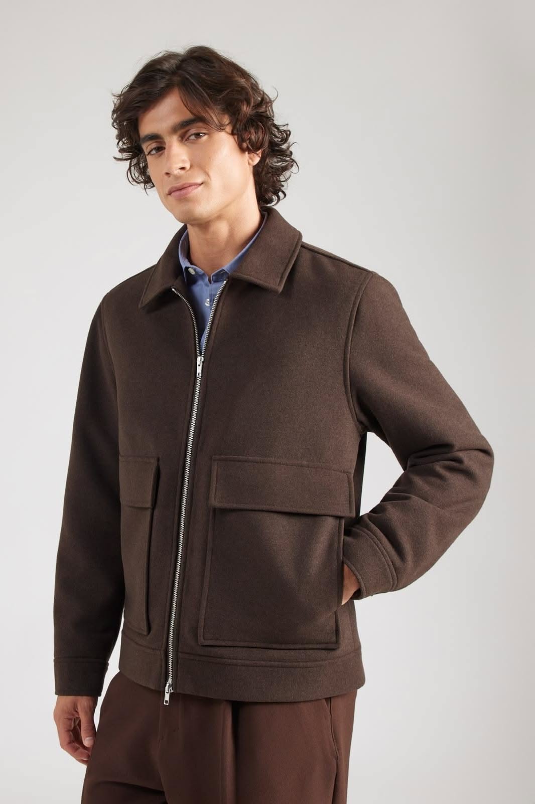 Lindbergh Dark Brown Bomber Jacket — Full Zip Front, Point Collar