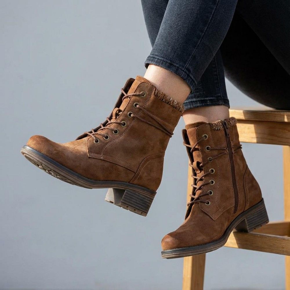 Cushionaire Tan Suede Combat Boots — Lace-up Front, Side Zipper, Knit