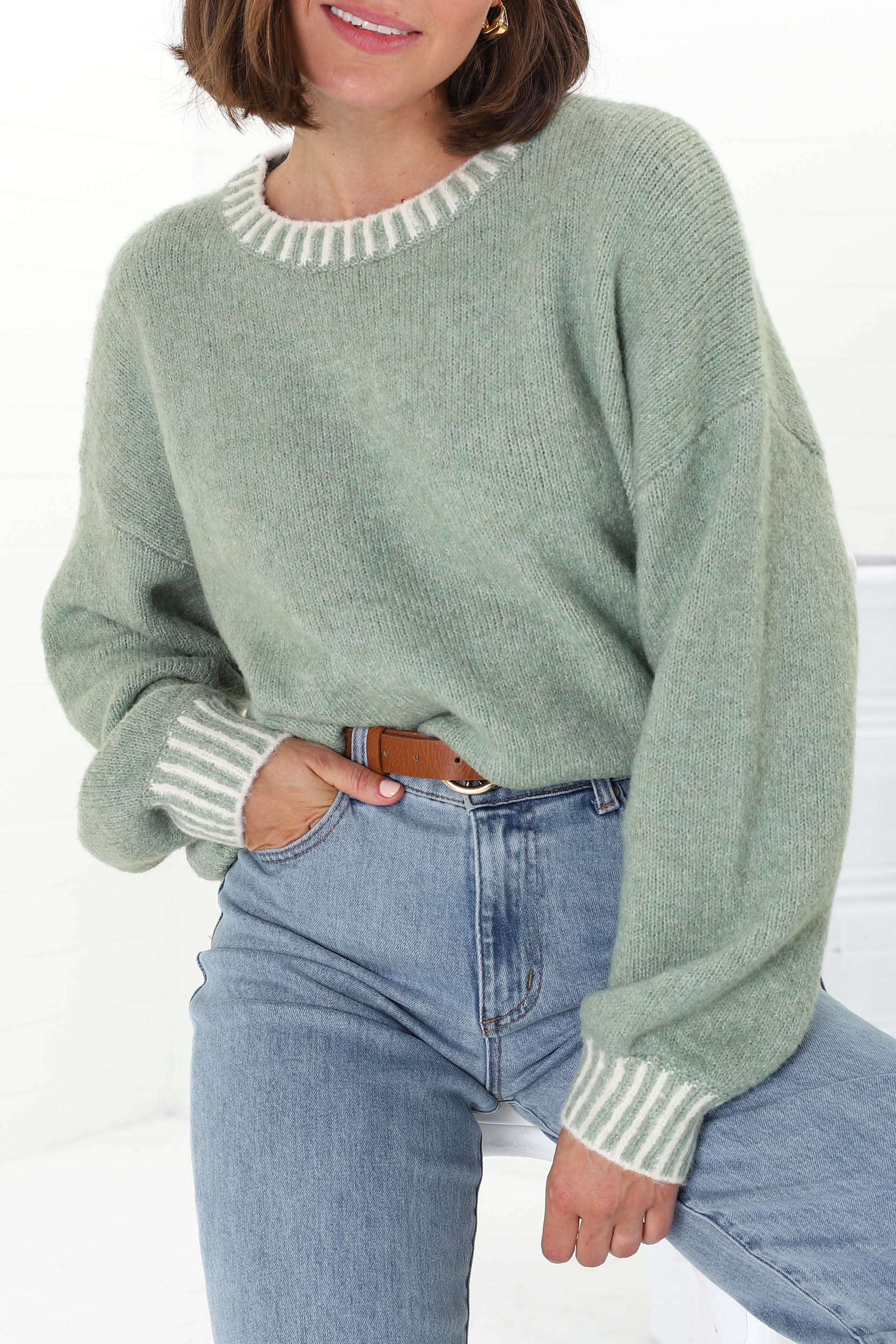 Casual Sage Green Sweater — Crew Neck, Contrast White Ribbed Trim