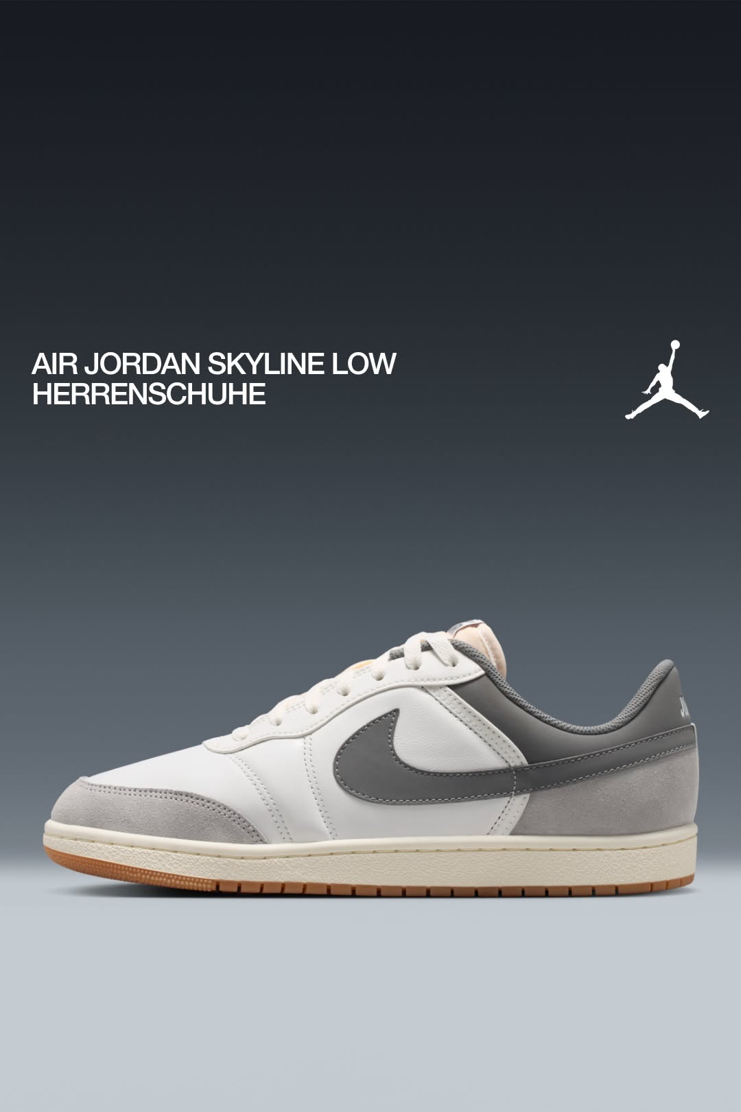 Nike Jordan white and grey low-top sneakers — perforated toe box, classic Nike swoosh, gum outsole, cream midsole, padded collar