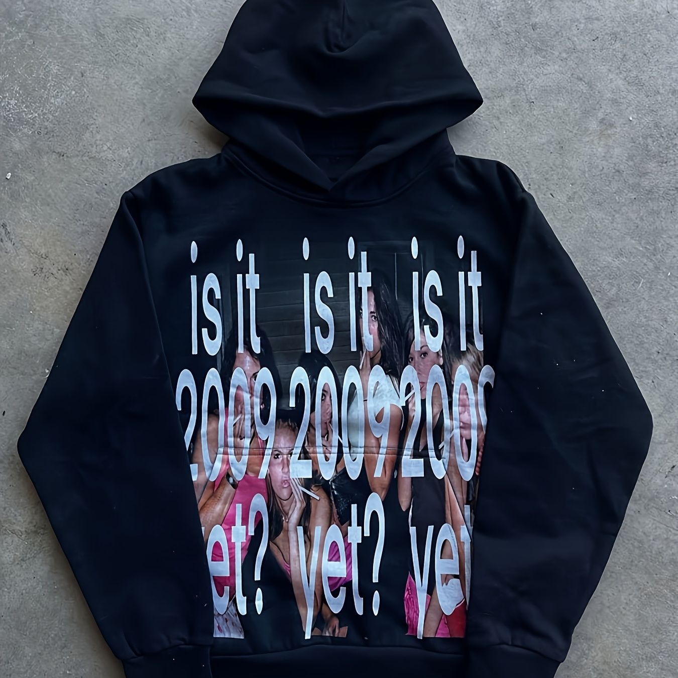 Streetwear Black Hoodie — Graphic Photo Print with White Text Reading