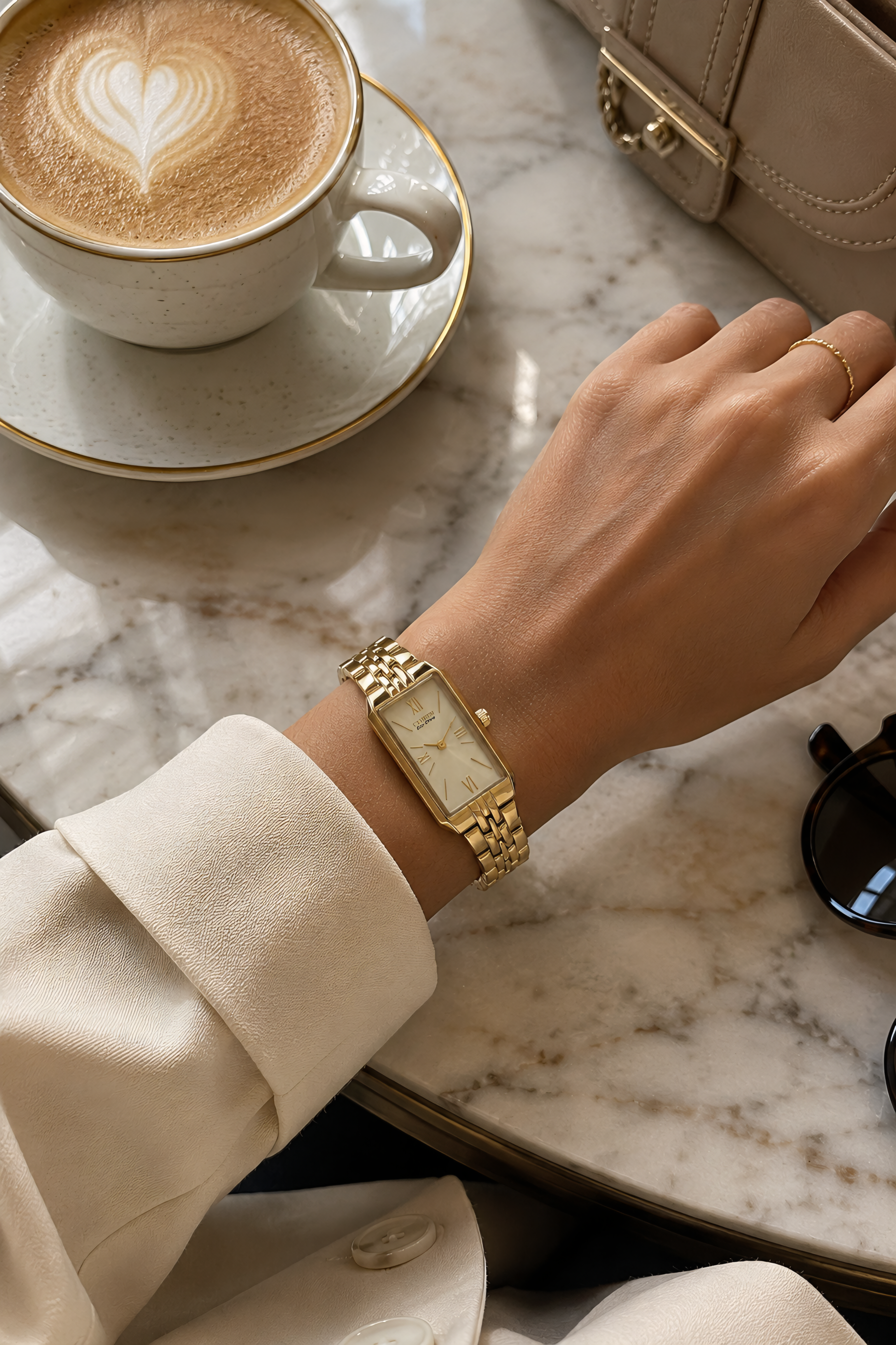 Citizen Eco-drive Gold Watch — Rectangular Case, Off-white Dial